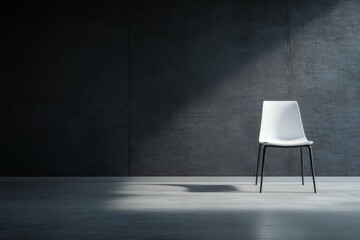 Aufkleber - The composition showcases a modern, minimalist space with a textured concrete wall and a single white chair bathed in natural light, creating a serene atmosphere