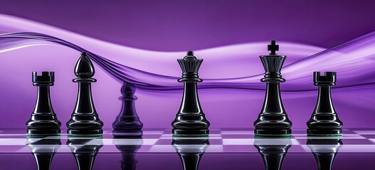 Wall Mural - Chess pieces in shades of purple, contemporary digital design, an abstract backdrop, a lit board, strategic game pieces, and room for text