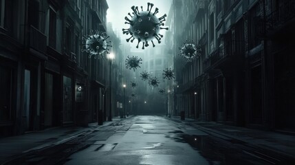 Poster - Empty urban street illuminated under a fog with virus motifs floating in the air creates a surreal atmosphere. Generative AI