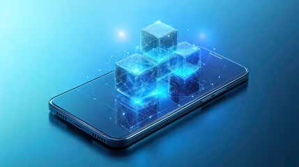 Poster - Glowing digital cubes on a smartphone, representing data or technology.