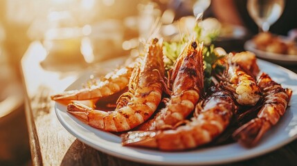 Wall Mural - A plate of perfectly grilled prawns on a wooden table, garnished with Thai herbs, all captured in natural sunlight for a fresh, summery look.