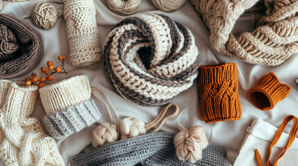 Wall Mural - A spread of completed DIY winter knits, including ear warmers, headbands, and cowls, displayed on a soft woolen fabric background in natural light.