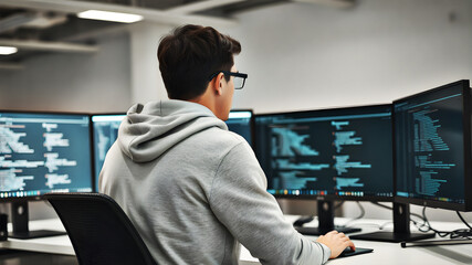 A software engineer wearing a neat casual outfit sitting at a desk in front of multiple computer screens