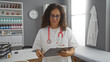 © Krakenimages.com - Woman doctor in clinic reviewing medical notes with stethoscope around neck for patient consultation in a modern hospital setting highlighting professional healthcare environment.
