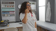© Krakenimages.com - Woman smiling in clinic wearing uniform talking on phone showcases confidence in healthcare setting with shelves displaying medical supplies and a sunny window.