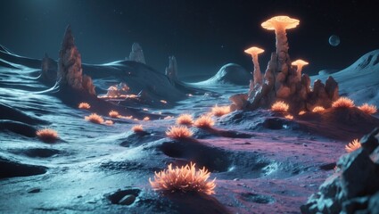 Wall Mural - Dark landscape hills on an alien planet and neon plants
