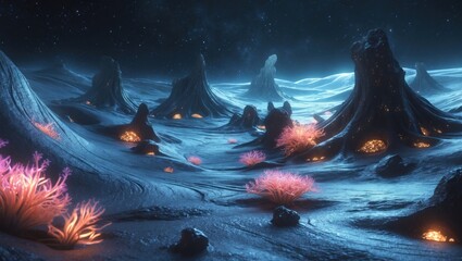 Wall Mural - Dark landscape hills on an alien planet and neon plants