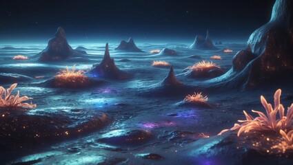 Wall Mural - Dark landscape hills on an alien planet and neon plants