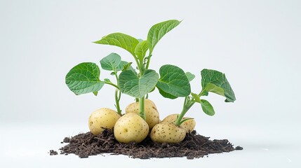 Wall Mural - Potatoes sprouting from the soil on white background with copy space