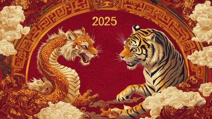 Wall Mural - Dragon, tiger, 2025 Lunar New Year greeting, ornate frame, Asian art