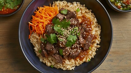 Wall Mural - A top-down view of a plate featuring beef rice, garnished with sesame seeds and fresh cilantro, surrounded by an array of colorful side dishes for a balanced meal.