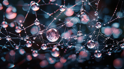 Beautiful raindrops on spider's web trapped on a branch. drops of dew on spider web and tree branches with natural sun light shining through