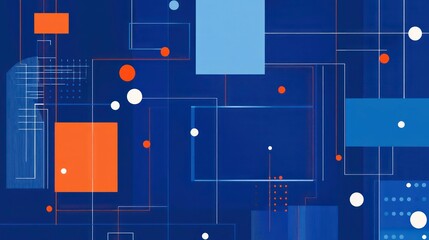 Poster - Abstract geometric design with interconnected shapes and lines in blue, orange, and white.
