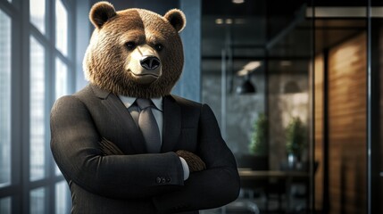 Poster - Business bear in formal suit stands confidently in a modern office with large windows and contemporary decor. Generative AI