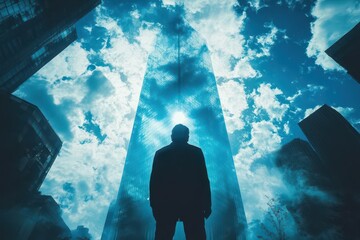 Wall Mural - towering futuristic architectural guardian figure silhouetted against urban skyline creating powerfu