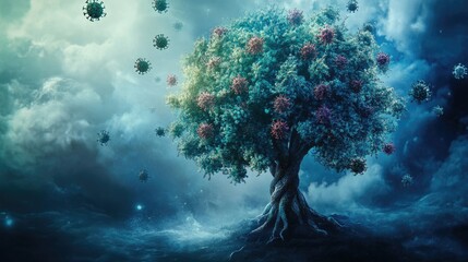 Wall Mural - Virus infecting a tree of life symbol, [nature and disease, eco-health], a metaphorical piece blending virology with environmental themes