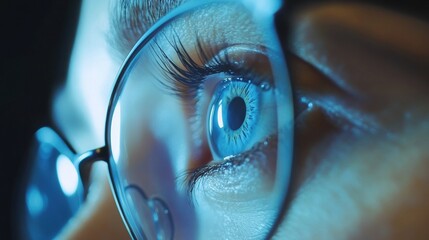 Aufkleber - Close up view of a female eye wearing corrective glasses capturing detailed vision and vibrant iris colors in natural light. Generative AI