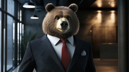 Poster - Business bear in formal suit and tie stands confidently in modern office setting during daytime meeting. Generative AI