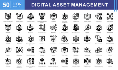 Poster - Digital Asset Management icon collection set. Containing repository, cloud file ,database ,indexing, version control, cms, content icon. Simple vectors illustration.