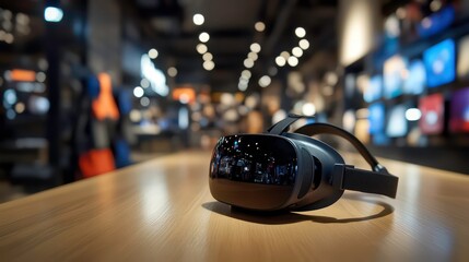 Aufkleber - VR headset rests on a wooden table in a blurred retail store background.