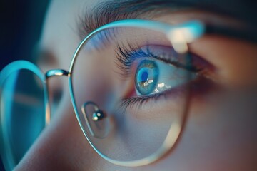 Aufkleber - Close up view of a female eye wearing corrective glasses highlighting unique colors and details in soft lighting. Generative AI