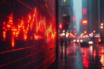 Wall Mural - urban financial crisis concept with red declining stock market charts overlaid on modern glass skyscrapers view from street level at dusk