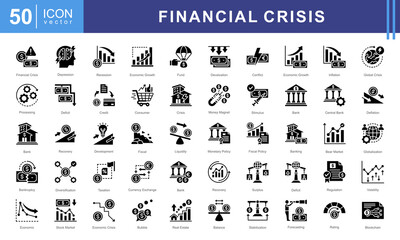 Poster - Economy Crisis icon collection set. Containing depressions, economic downturn, financial meltdown, stock marker cash, recession, credit crunch, default, trade war icon. Simple vectors illustration.