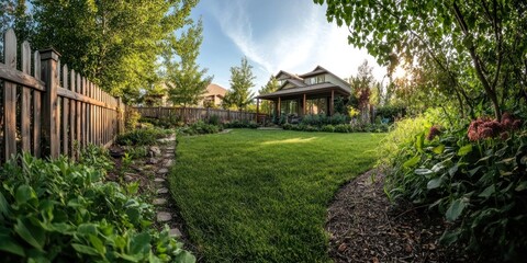 Large backyard garden of a suburban house with lush green trees on terrace with grassy lawn on sunny summer day in house garden