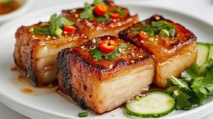 Wall Mural - Crispy, golden-brown slices of pork belly glistening with fish sauce, served on a white plate alongside a garnish of fresh herbs and sliced vegetables.