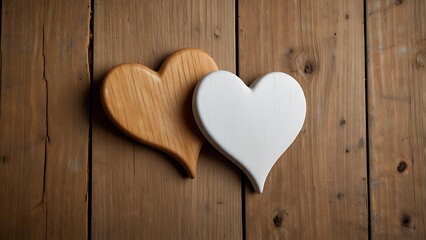 Wall Mural - Two Wooden Hearts on Wood - Love, romance, togetherness, opposites, connection. Two hearts symbolize a loving bond white background