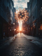 Aufkleber - Empty urban street highlighted by a symbolic virus motif at sunset. Generative AI
