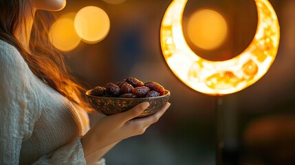 close-up of woman holding small bowl of dates in front of glowing crescent moon lamp