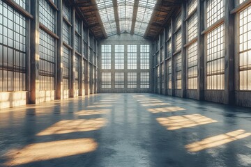 Wall Mural - minimalist warehouse interior with dramatic shadows cast by industrial skylights geometric patterns on concrete floor