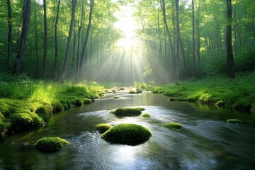 Aufkleber - Soft sunlight filters through the dense forest canopy, illuminating a gentle stream bordered by moss-covered stones, offering a serene natural escape