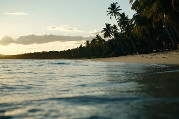 Poster - Soft white sand and clear blue waters create a tranquil tropical beach ideal for a relaxing getaway, enhanced by the warm golden light of the setting sun