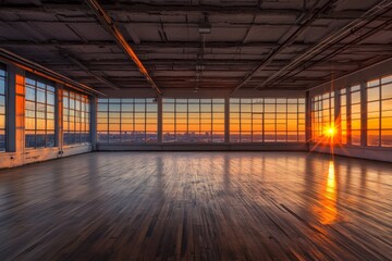 Aufkleber - Spacious loft features expansive windows revealing a breathtaking sunset view of the city skyline, highlighting polished wooden floors and high ceilings