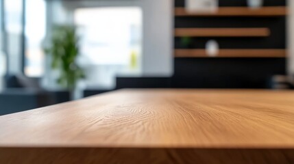 Poster - Inviting wooden dining table highlighted in a contemporary living room, featuring a soft blurred background that enhances the stylish interior design