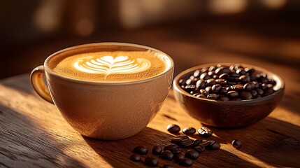 Latte art in a beige cup with roasted coffee beans.