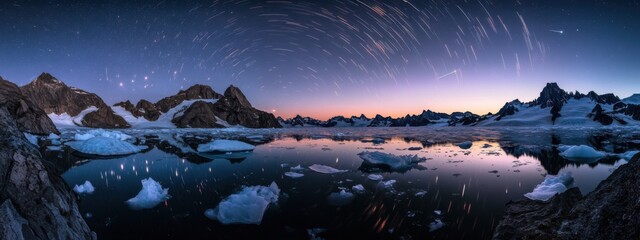 A stunning perspective of a high-altitude glacier lake with massive, fractured ice floes and a rare, bright solar halo creating a striking effect in the clear sky