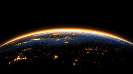 view showcases earth at night with vibrant city lights glowing against the dark backdrop of space. c