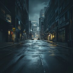Leinwandbilder - Empty urban street at night featuring a symbolic virus motif under muted city lights. Generative AI