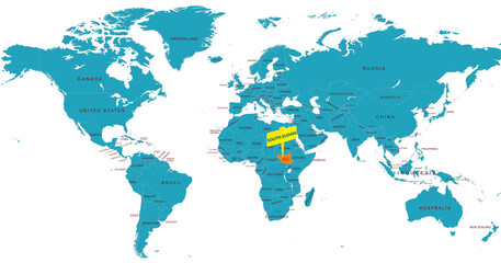  World Map Highlighting Country of South Sudan With Geographic Details