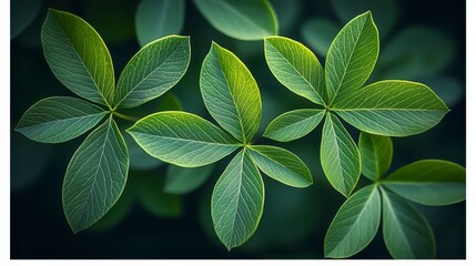 Wall Mural - Close-up of vibrant green leaves with intricate vein patterns against a dark background.