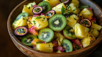 Wall Mural - A vibrant mix of sliced tropical fruits like pineapple, passion fruit and kiwi, beautifully arranged in a wooden bowl