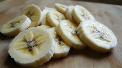 Wall Mural - Closeup of banana slices on a wooden surface, highlighting their creamy texture and fresh yellow tones