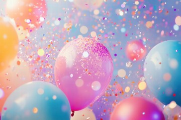 Poster - Festive balloons and colorful confetti create a joyful party atmosphere for celebrations and special occasions. Generative AI