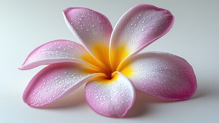 Wall Mural - Dew-kissed pink plumeria blossom, studio shot, soft background, spa use