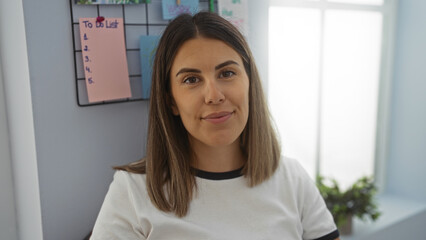 Wall Mural - Young woman, attractive hispanic brunette, smiling in an office, workplace interior with a to-do list board on the wall behind her