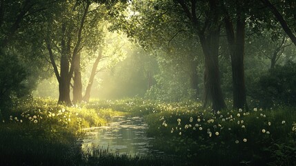 Wall Mural - A serene forest scene illuminated by soft, dappled sunlight filtering through a canopy of lush green leaves. A gentle stream meanders through the landscape, reflecting the light, while clusters of wil