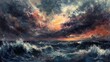 © zulie - Dramatic seascape painting, turbulent ocean waves crashing against the shore, vibrant sunset sky with stormy clouds.